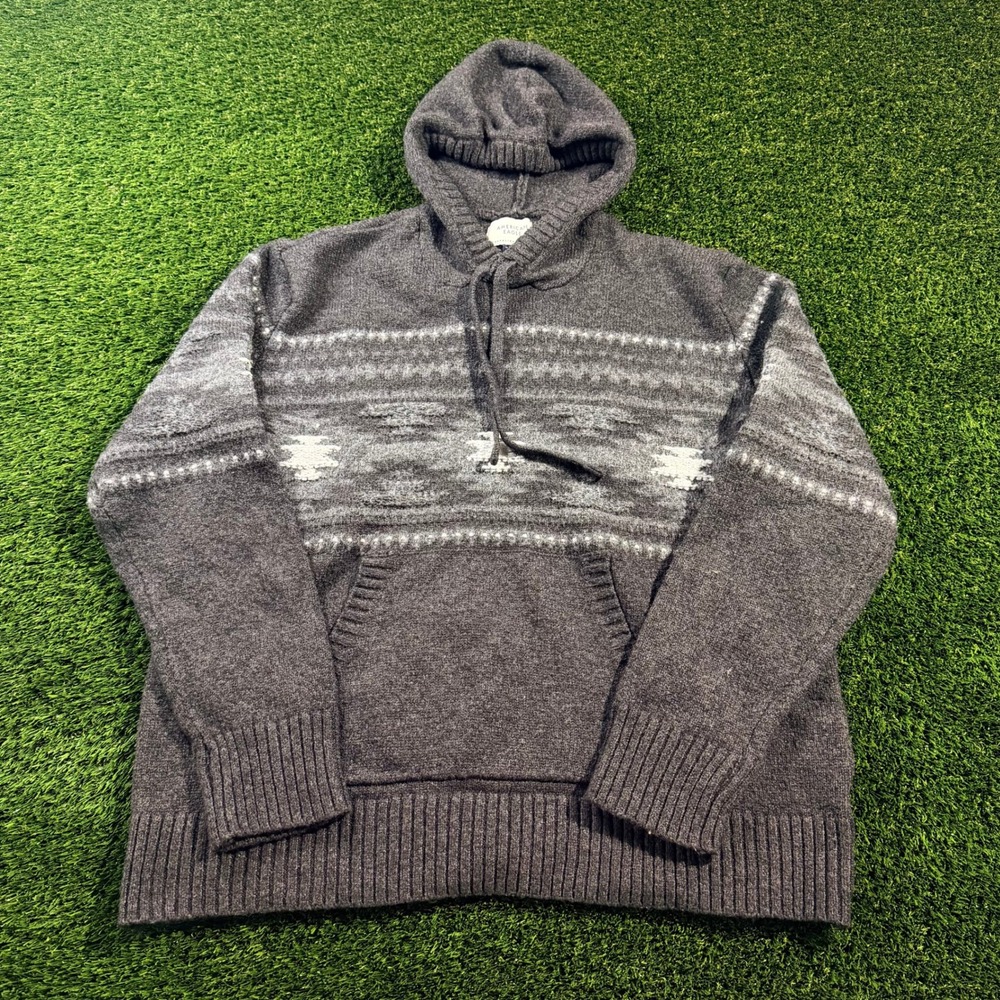 American Eagle Mens XL Gray Southwestern Knit Hoodie Sweater Pullover Kangaroo